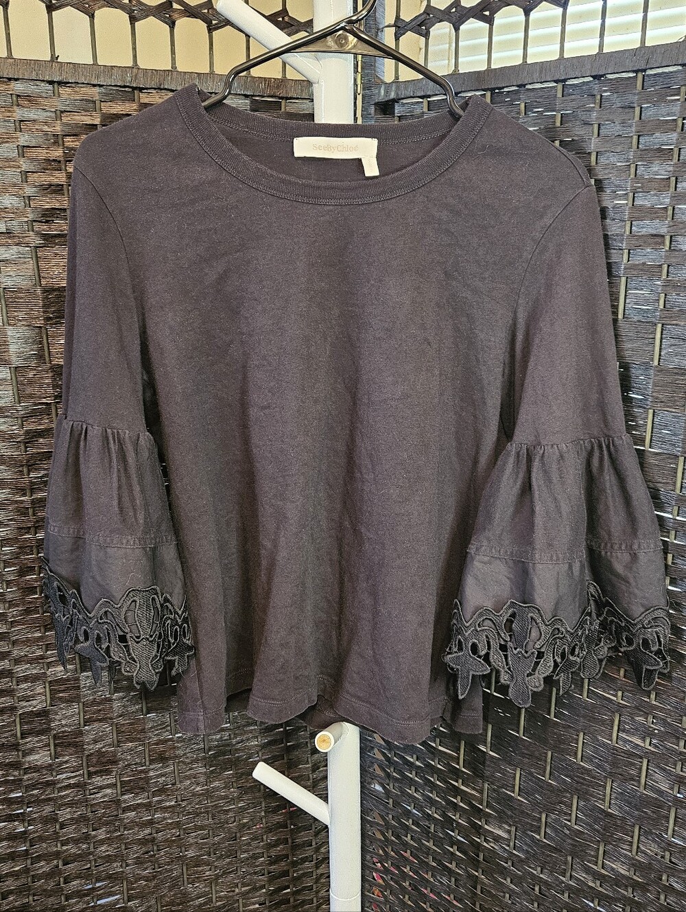 See By Chloe Black Bell-Sleeve Cotton Top